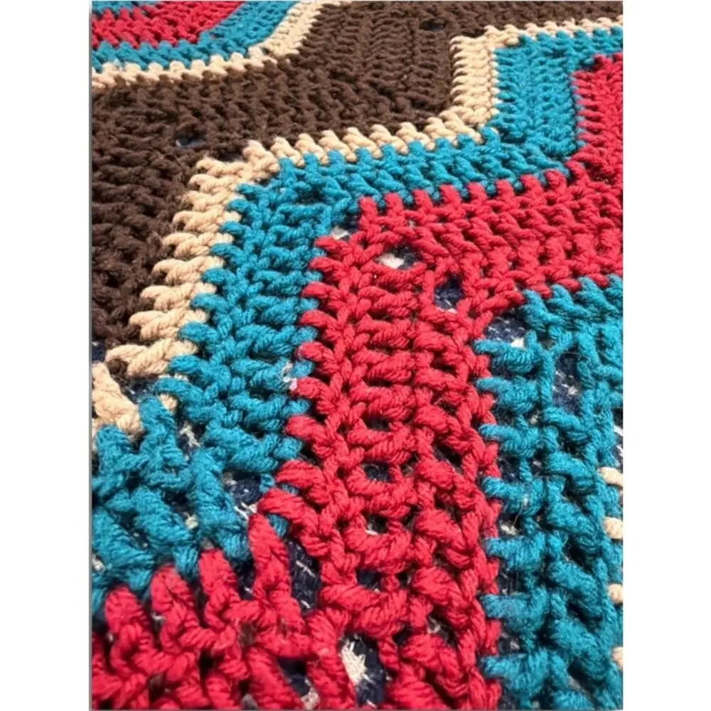 Handmade Crochet Vibrant Autumn Afghan Blanket Brown Teal Red Oversized 78 x 60